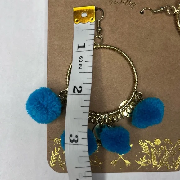 SHIRALEAH CHICAGO Zola Turquoise Blue Earrings Boho Gypsy Pom Hoops NWT - Picture 4 of 7